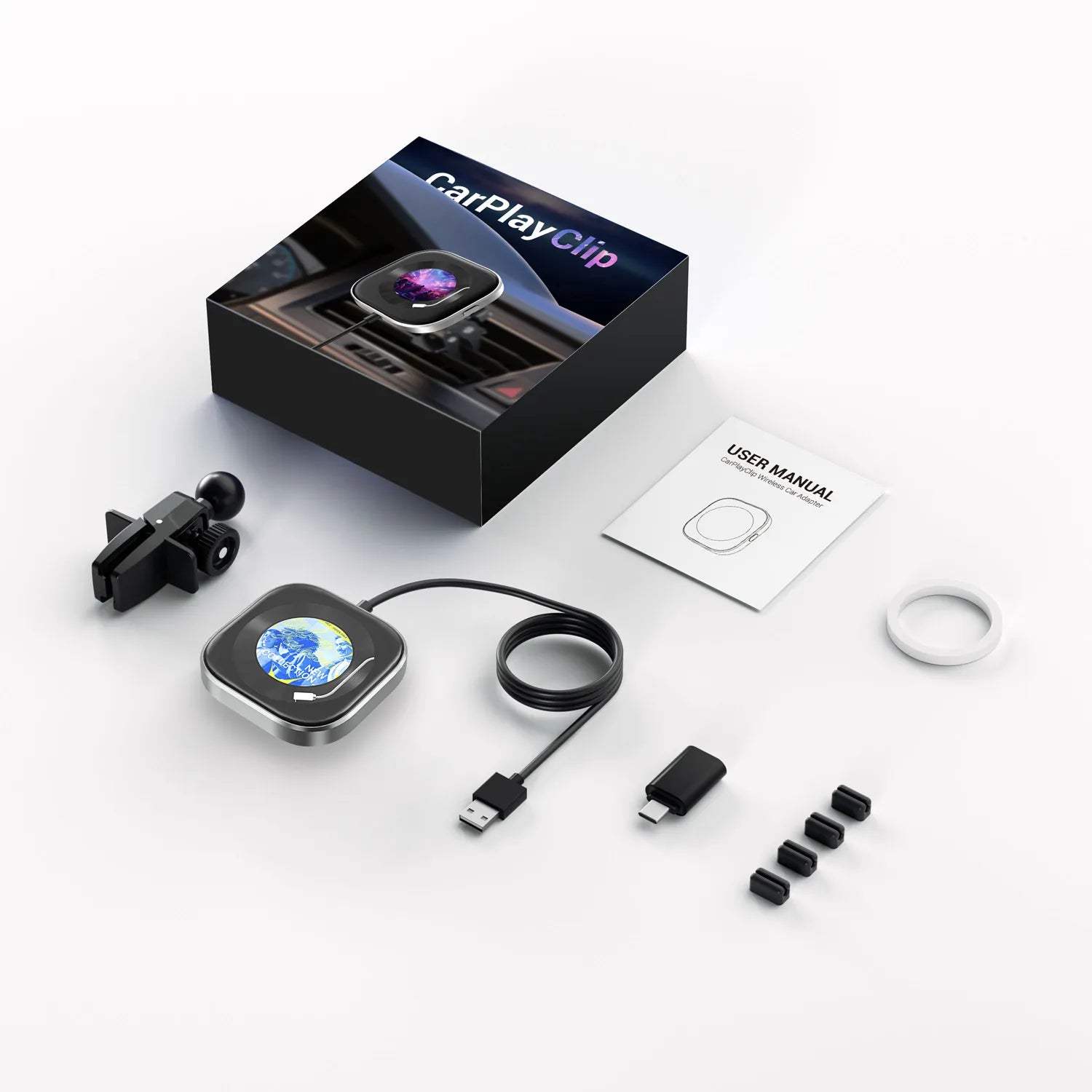 AotoXcel Wireless Carplay Adapter(2025),digital clock,flavor chip,features a 1.6-inch display that supports picture upload,360-degree angle adjustment