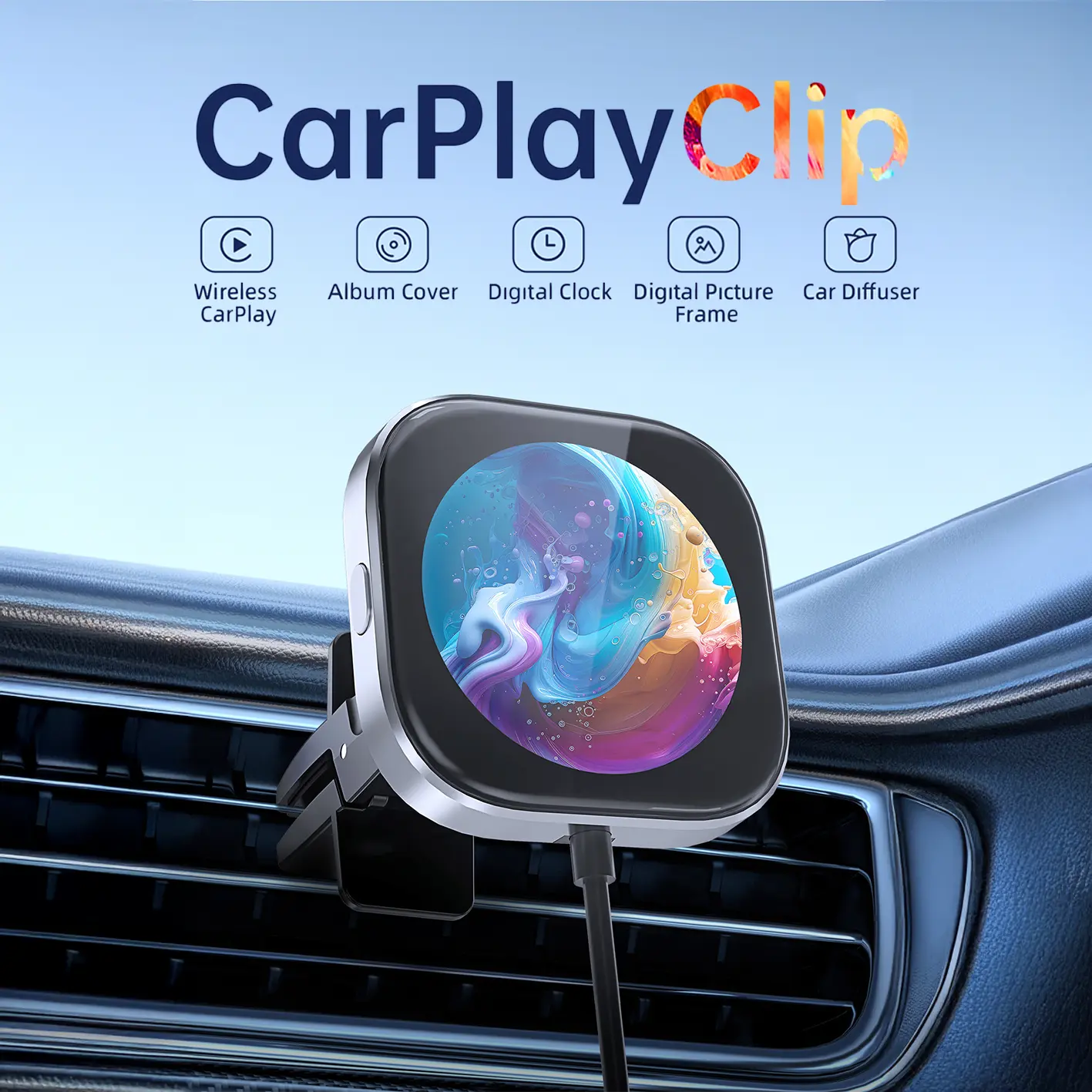 AotoXcel Wireless Carplay Adapter(2025),digital clock,flavor chip,features a 1.6-inch display that supports picture upload,360-degree angle adjustment